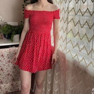 HM Red White Polka Dot Smocked Dress